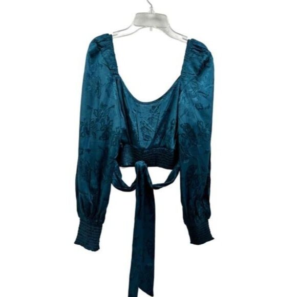 Band of the Free Top Womens Medium Wrap Crop Teal Satin Jacquard Festival Glam - Picture 7 of 10